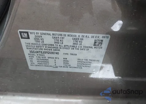 2015 Chevrolet Silverado 1500 High Country from USA, damaged, VIN 3GCUKTEJ0FG506740